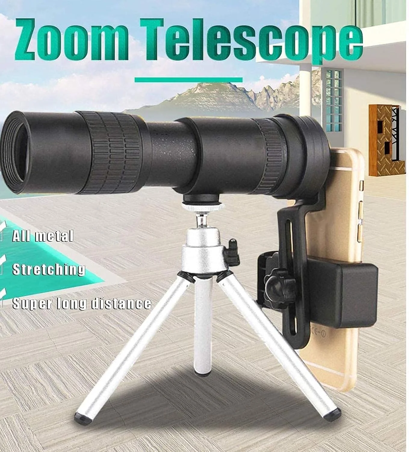 تلسکوپ مونوچشمی زوم سوپر تله فوتو 4K 10-300X40mm، جمع و جور و قابل حمل با نگهدارنده تلفن هوشمند و سه پایه برای تماشای حیات وحش و فعالیت های فضای باز (مشکی)