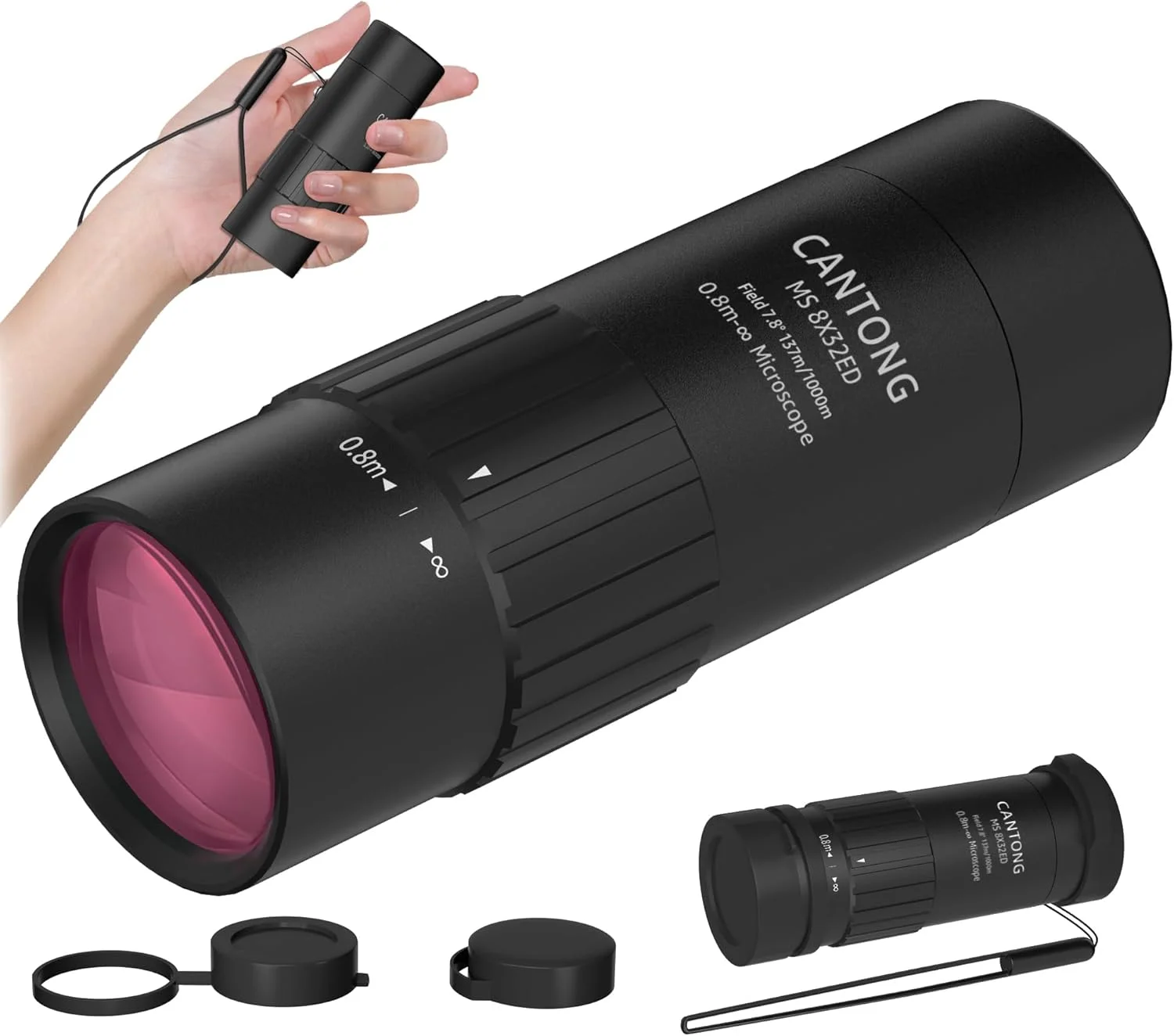 تک چشمی کوچک با بزرگنمایی 8 برابر، لنز 32 میلی متری، اپتیک چند لایه و فوکوس دستی تلسکوپ فشرده