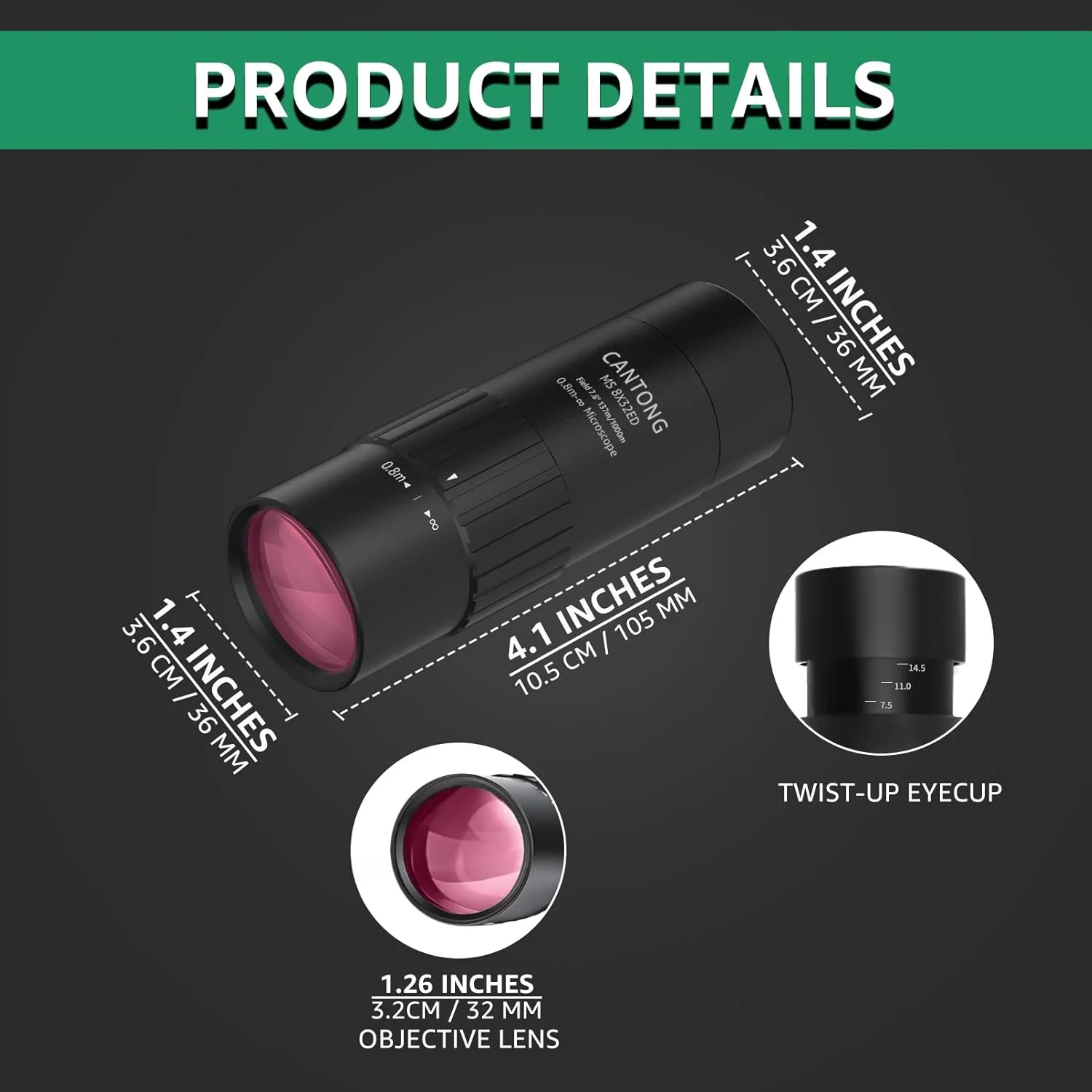 تک چشمی کوچک با بزرگنمایی 8 برابر، لنز 32 میلی متری، اپتیک چند لایه و فوکوس دستی تلسکوپ فشرده تک چشمی کوچک با بزرگنمایی 8 برابر، لنز 32 میلی متری، اپتیک چند لایه و فوکوس دستی تلسکوپ فشرده