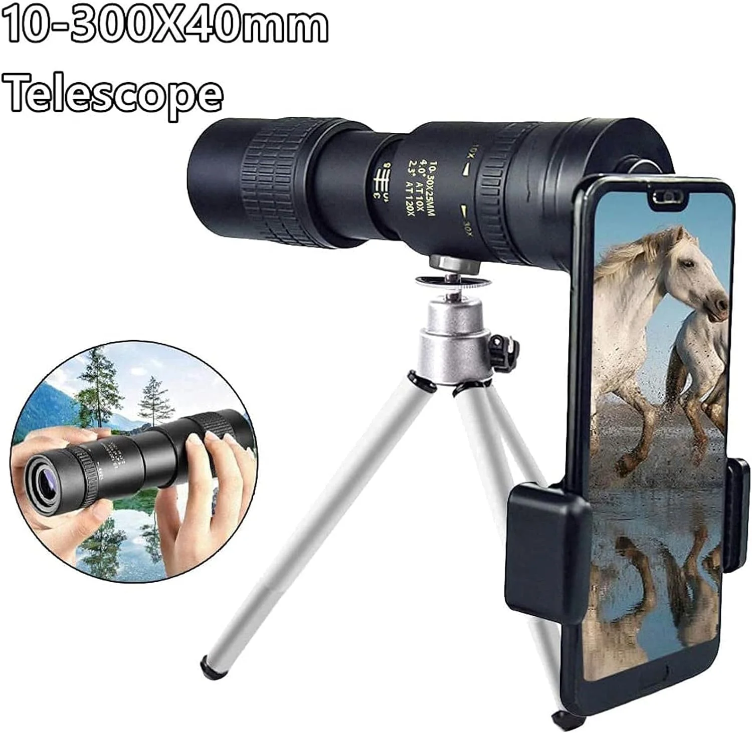 تلسکوپ مونوچشمی زوم سوپر تله فوتو 4K 10-300X40mm، جمع و جور و قابل حمل با نگهدارنده تلفن هوشمند و سه پایه برای تماشای حیات وحش و فعالیت های فضای باز (مشکی)