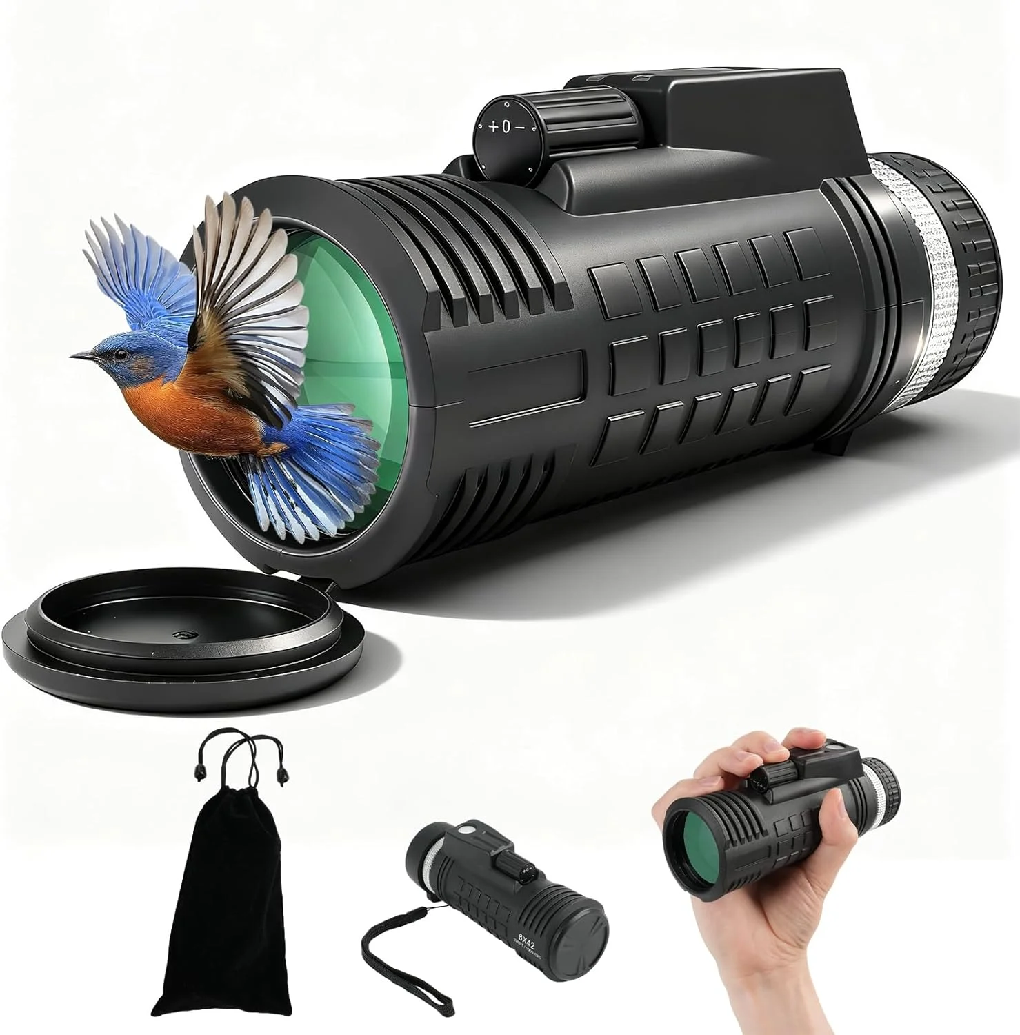 تلسکوپ تک چشمی 8X42 با قطب نما مسافت یاب، لنز FMC منشوری BAK4، تک چشمی کوچک، ضد آب و شناور IPX7 برای بزرگسالان، قدرت بالا برای تماشای پرندگان، شکار، ورزش، هدیه برای مردان