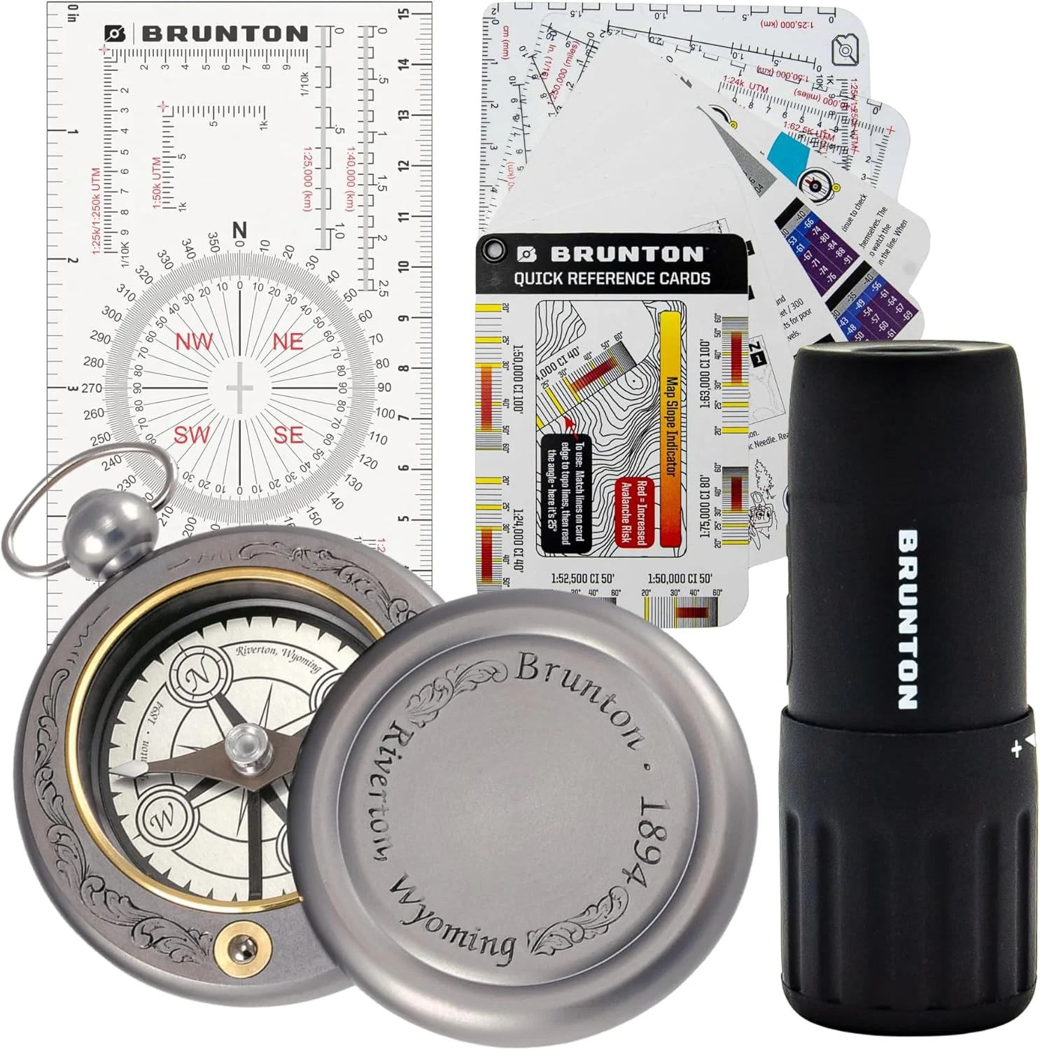 مجموعه کاوش و ماجراجویی قدیمی برونتون - قطب نما به سبک قدیمی دهه 1800، تک چشمی 7x18، کارت های راهنمای سریع ناوبری و ابزار چند منظوره نقشه (نقاله UTM) - بسته هدیه برای کوهنوردان