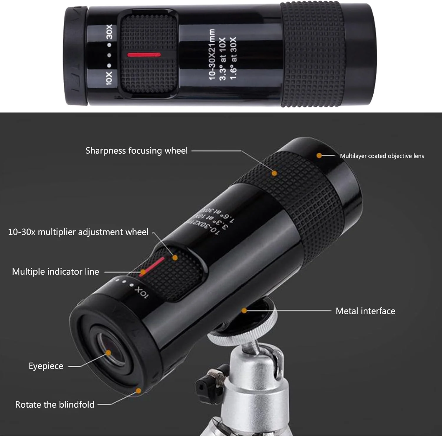 تک لوله ای جمع و جور 10-30X21 زوم، کاوش در فضای باز، دید واضح، مشاهده حیات وحش در طبیعت، تک لوله ای جیبی قابل حمل