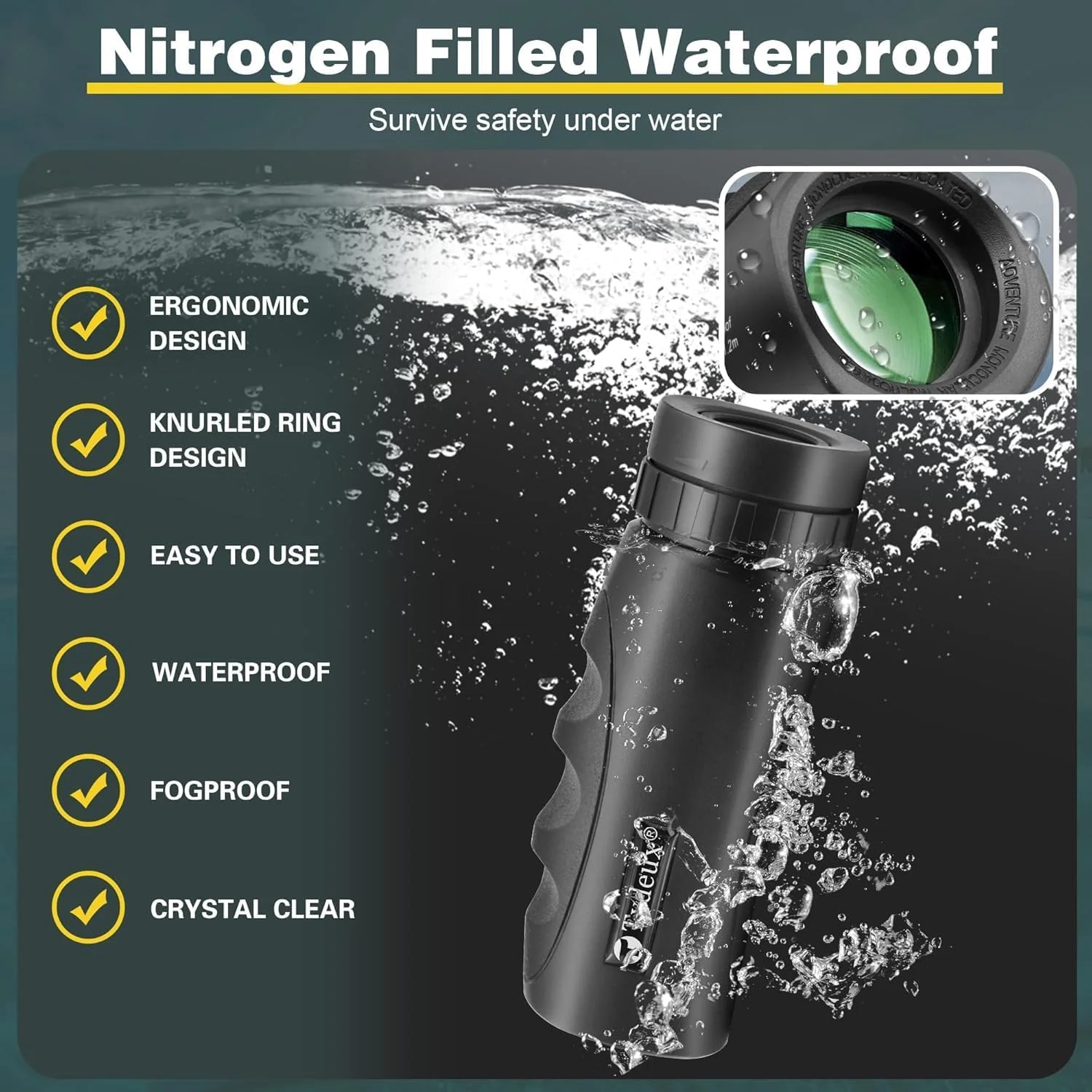 تک چشمی فشرده ضد آب 10x25 - تک چشمی تلسکوپی کوچک و قدرتمند - همراه با پارچه تمیز کننده، کیف و بند گردنی، مشکی