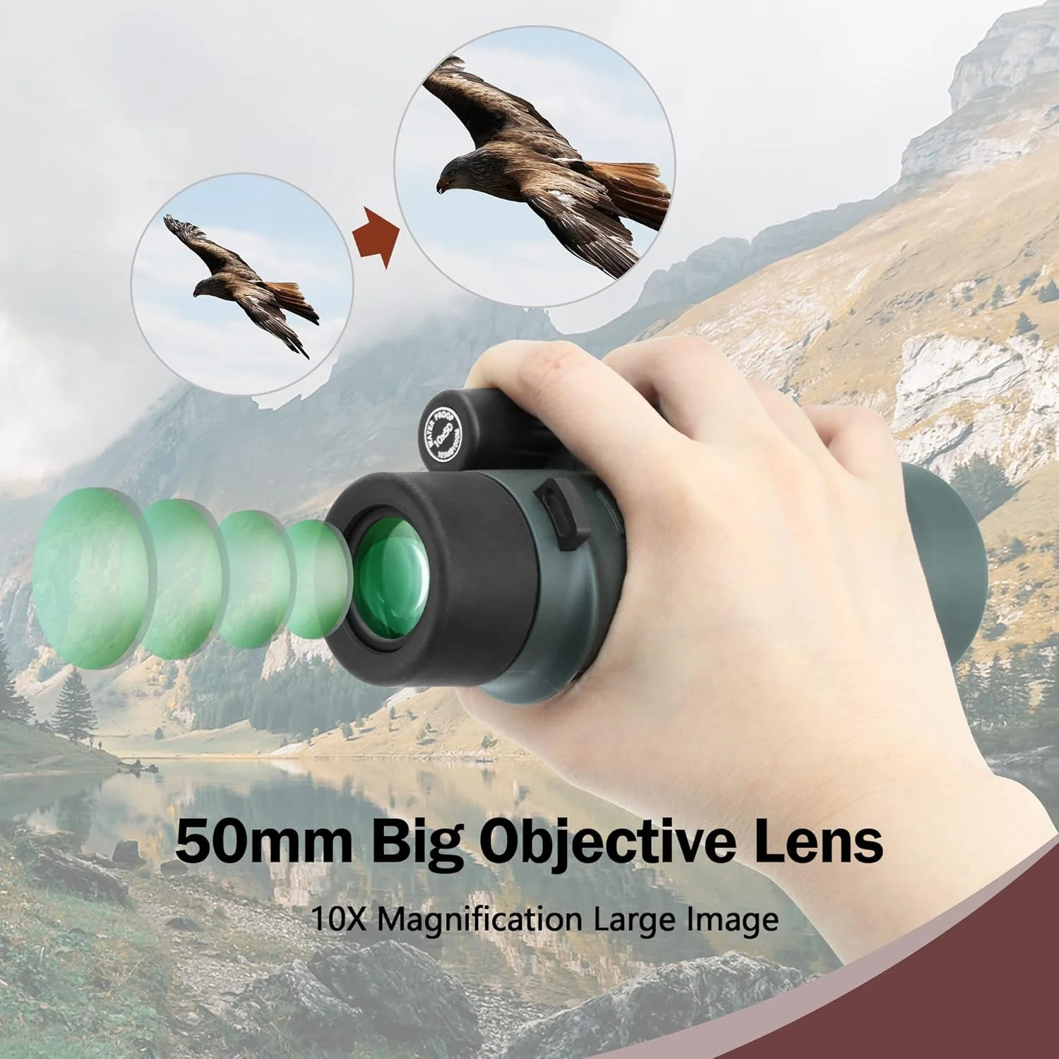 تلسکوپ تک چشمی منوکلار منشور BAK4 با قدرت بزرگنمایی 10X50، ضد آب، جمع و جور و قابل حمل برای تماشای پرندگان، رویدادهای ورزشی، مسافرت، هدیه برای آقایان