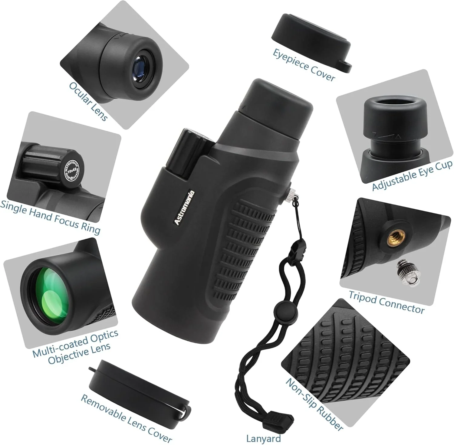 تلسکوپ تک چشمی آسترومانیا 10x42 HD K9 Prism - قدرت بالا و جمع و جور، ضد آب، ضد مه، مقاوم در برابر ضربه برای تماشای پرندگان، کمپینگ، حیات وحش - اپتیک چند لایه، روکش لاستیکی و دستگیره ضد لغزش