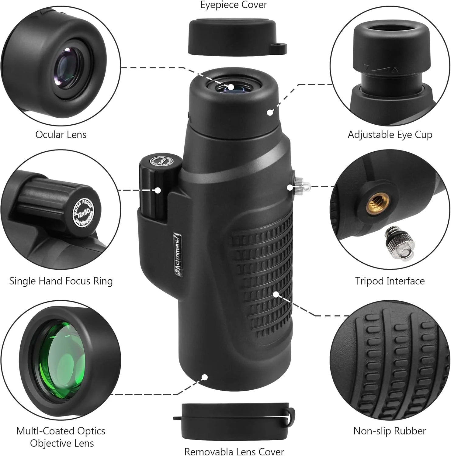 تلسکوپ تک چشمی آسترومانیا 12x50 HD با منشور K9 - قدرت بالا و جمع و جور، ضد آب، ضد مه، مقاوم در برابر ضربه برای تماشای پرندگان، کمپینگ، حیات وحش - اپتیک چند لایه، روکش لاستیکی و دستگیره ضد لغزش