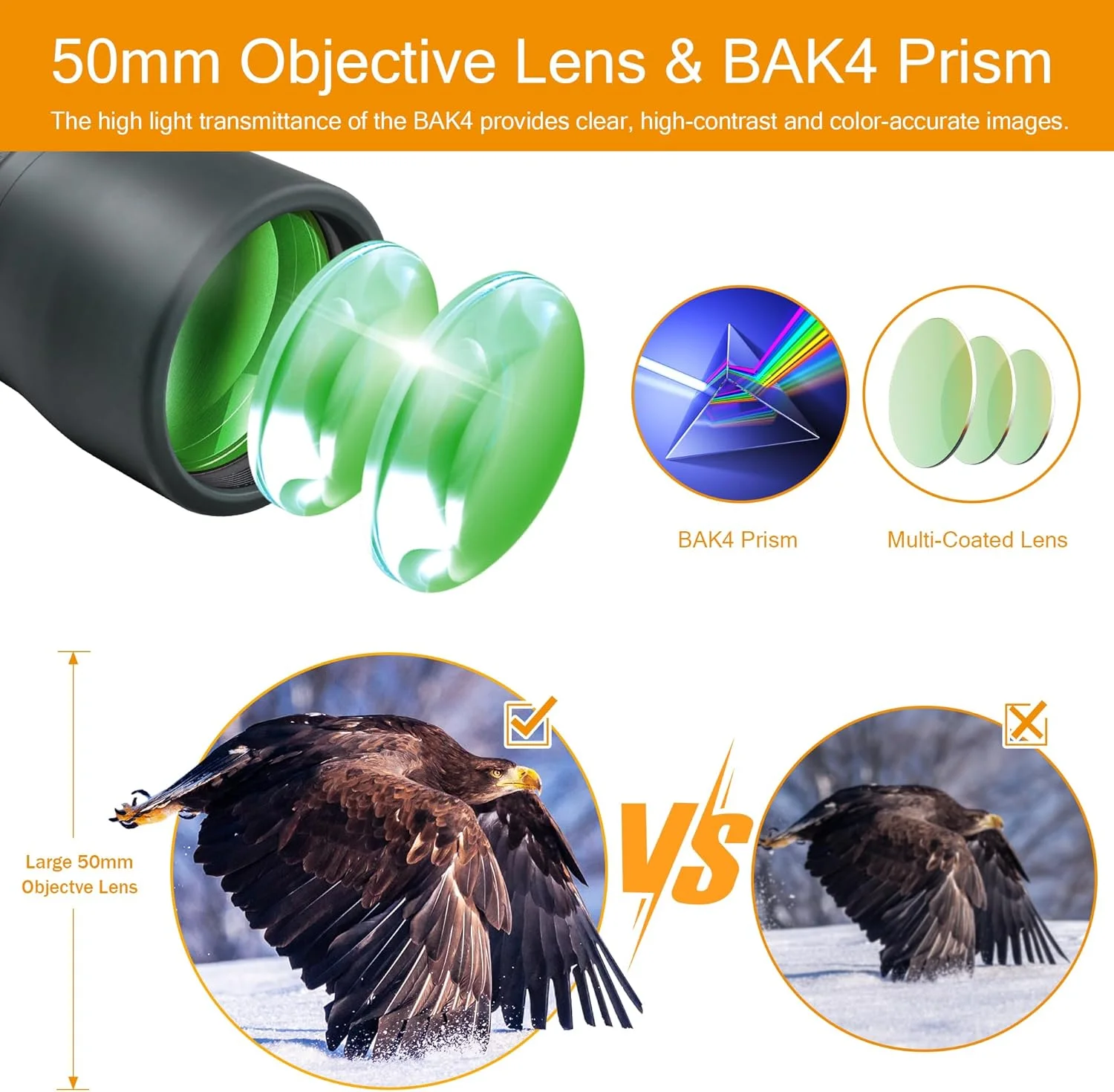 تلسکوپ تک چشمی منوکلار منشوری 12X50 BAK4 با قدرت بالا، ضد آب، جمع و جور، مناسب تماشای پرندگان، رویدادهای ورزشی، مسافرت، هدیه برای آقایان