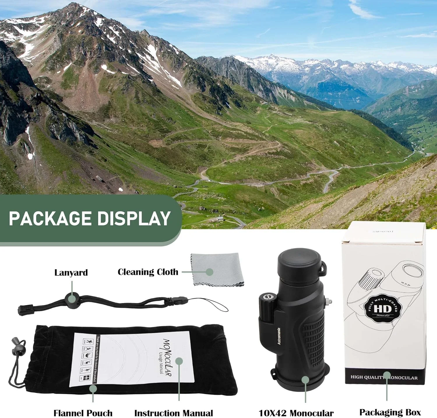 تلسکوپ تک چشمی آسترومانیا 10x42 HD K9 Prism - قدرت بالا و جمع و جور، ضد آب، ضد مه، مقاوم در برابر ضربه برای تماشای پرندگان، کمپینگ، حیات وحش - اپتیک چند لایه، روکش لاستیکی و دستگیره ضد لغزش