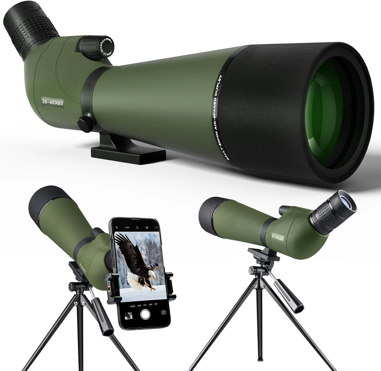 تلسکوپ دیدبانی 20-60x80 با سه پایه و آداپتور تلفن همراه، کیف حمل، تک چشمی BAK4 برای شکار و تماشای پرندگان - سبز