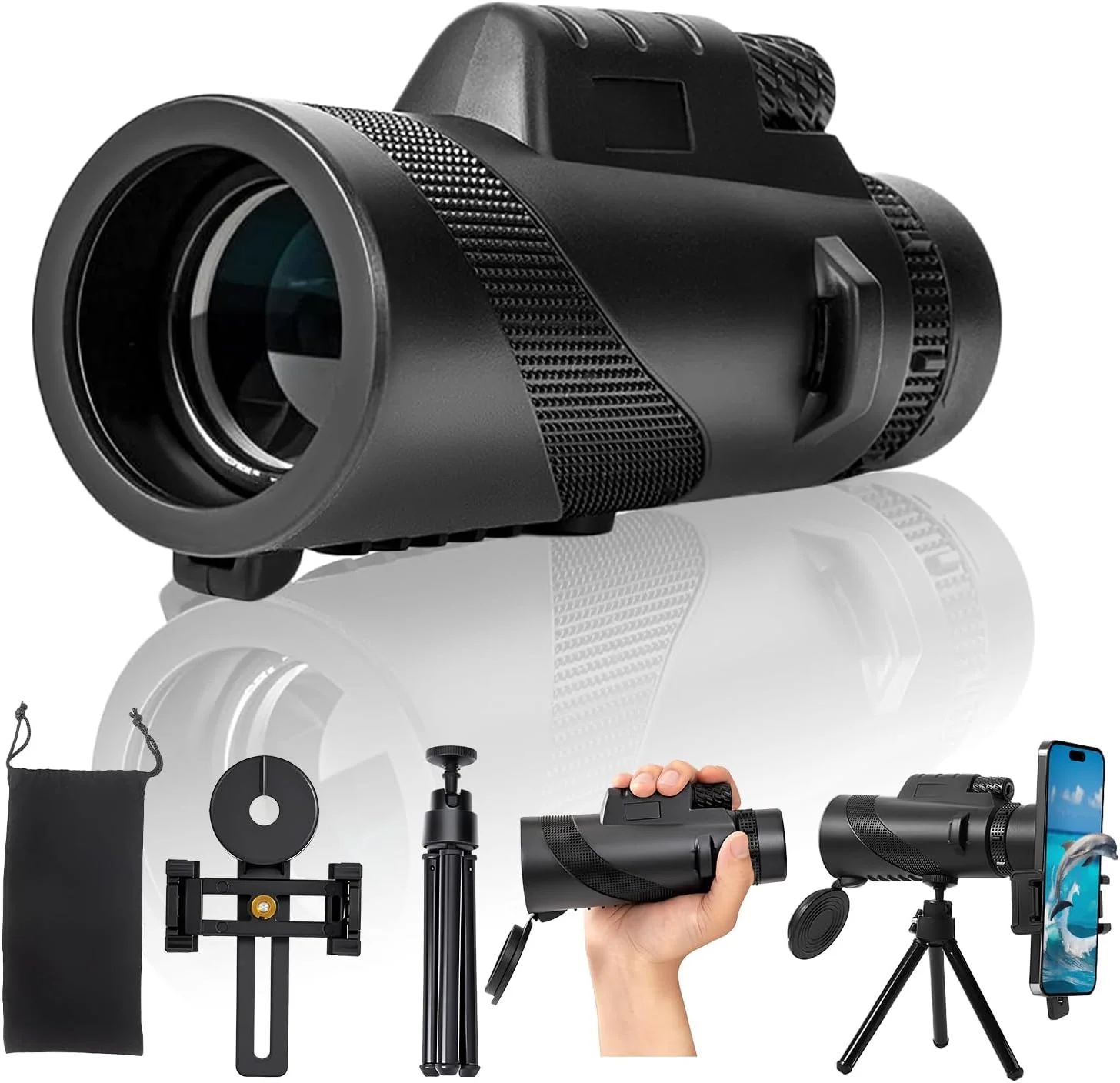 تلسکوپ تک چشمی 100x80 با آداپتور تلفن و سه پایه - منشور BAK4، اپتیک چند لایه، چشمی قابل تنظیم برای تماشای ستارگان، تماشای پرندگان، شکار (کیف و دستگیره ضد لغزش)