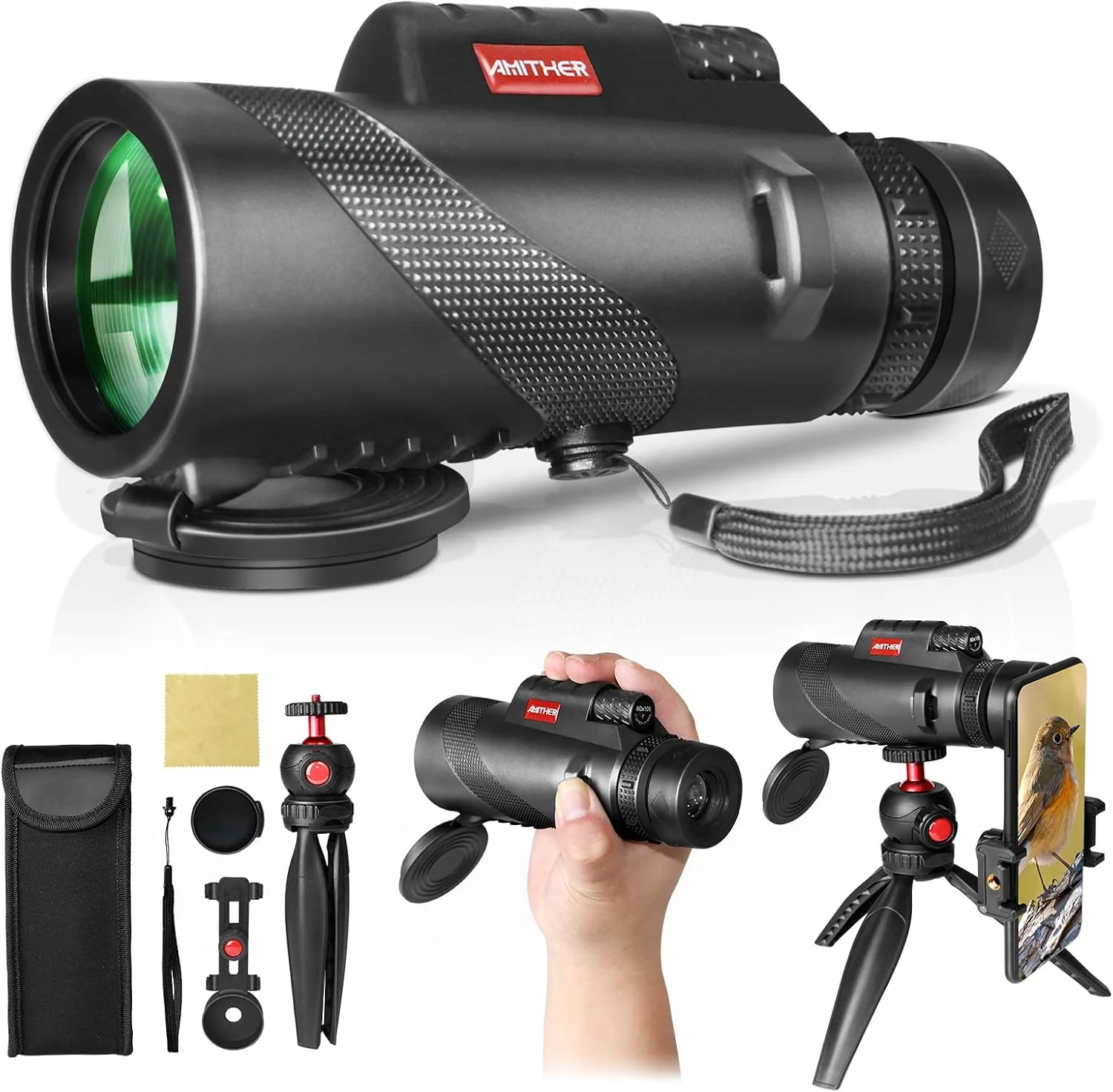 تلسکوپ تک چشمی 80x100 برای تلفن های هوشمند - تک چشمی HD با قدرت بالا به همراه سه پایه و آداپتور، دید در نور کم برای بزرگسالان - مناسب برای حیات وحش، تماشای پرندگان، شکار و پیاده روی