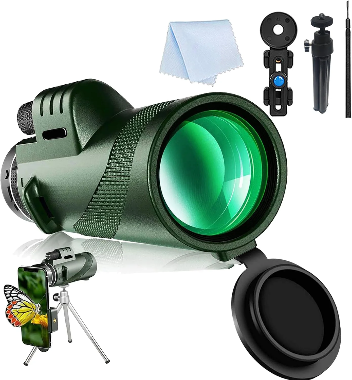 تلسکوپ تک چشمی 80x100 برای تلفن های هوشمند و بزرگسالان - بزرگنمایی HD با قدرت بالا به همراه سه پایه و آداپتور تلفن برای تماشای پرندگان، شکار، مسافرت و تماشای ستارگان - سبز