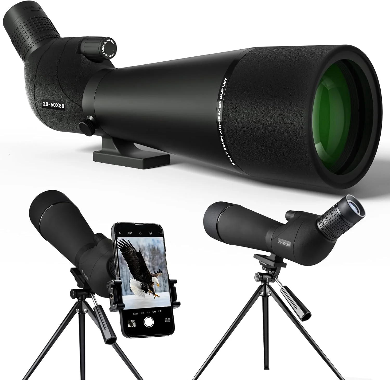 تلسکوپ دیدبانی 20-60x80 با سه پایه و آداپتور تلفن همراه، کیف حمل، تک چشمی BAK4 برای شکار، تماشای پرندگان و کمپینگ - مشکی