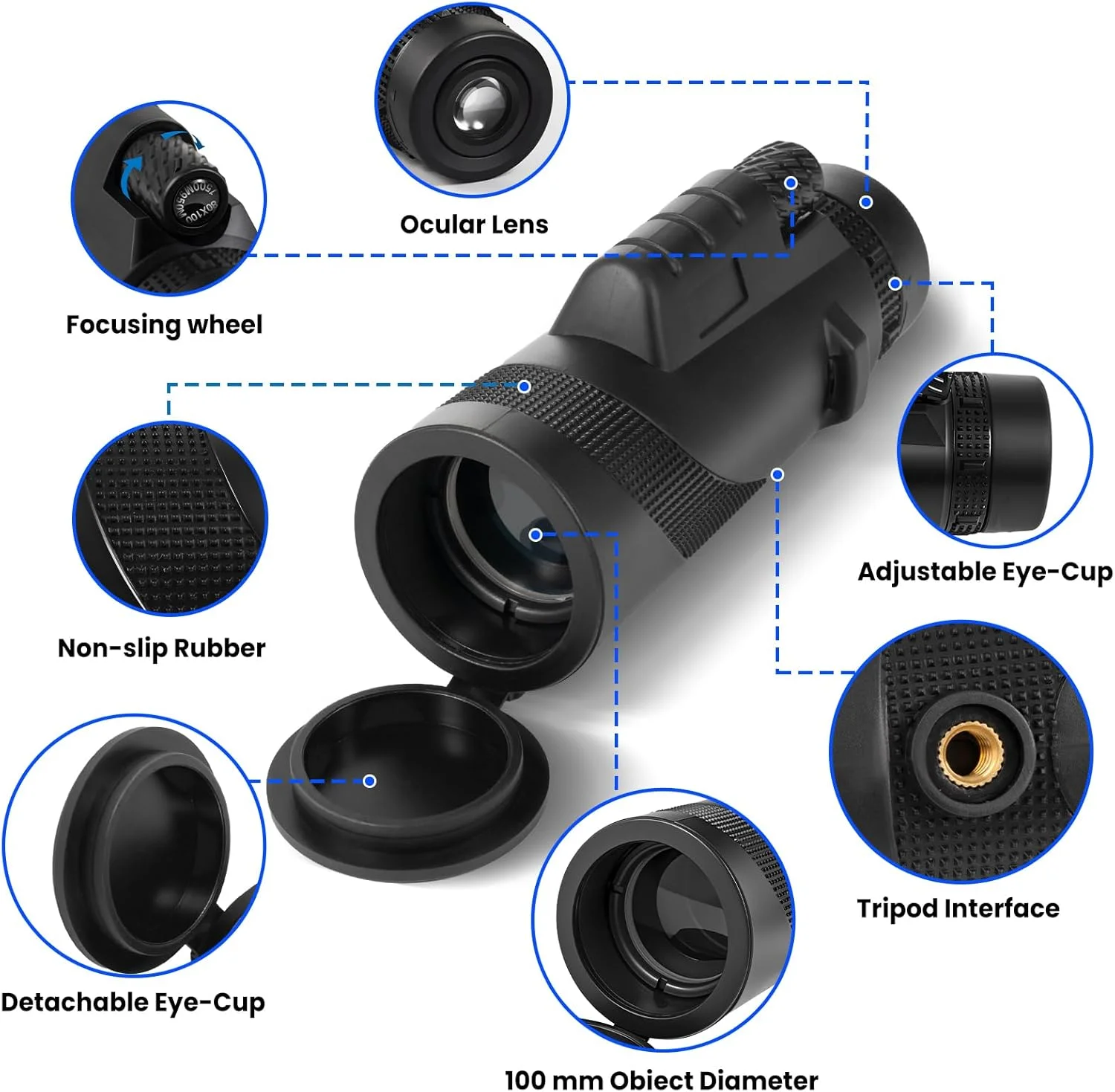 تلسکوپ تک چشمی 100x80 با آداپتور تلفن و سه پایه - منشور BAK4، اپتیک چند لایه، چشمی قابل تنظیم برای تماشای ستارگان، تماشای پرندگان، شکار (کیف و دستگیره ضد لغزش)