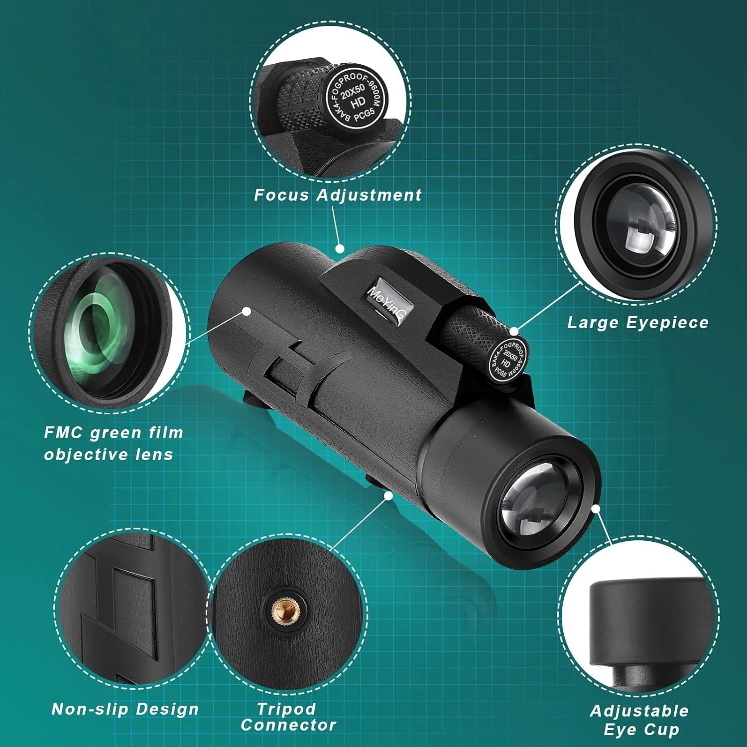 تلسکوپ تک چشمی 20x50 با قدرت بالا به همراه سه پایه تلفن هوشمند و کیف قابل حمل - ایده آل برای تماشای پرندگان، شکار، پیاده روی و کمپینگ - دید بزرگ با منشور BAK4 و لنز FMC