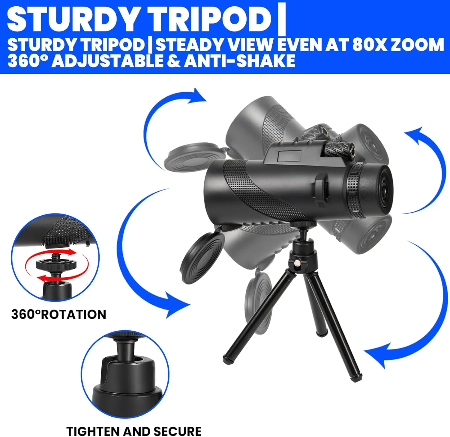 تلسکوپ تک چشمی 100x80 با آداپتور تلفن و سه پایه - منشور BAK4، اپتیک چند لایه، چشمی قابل تنظیم برای تماشای ستارگان، تماشای پرندگان، شکار (کیف و دستگیره ضد لغزش)