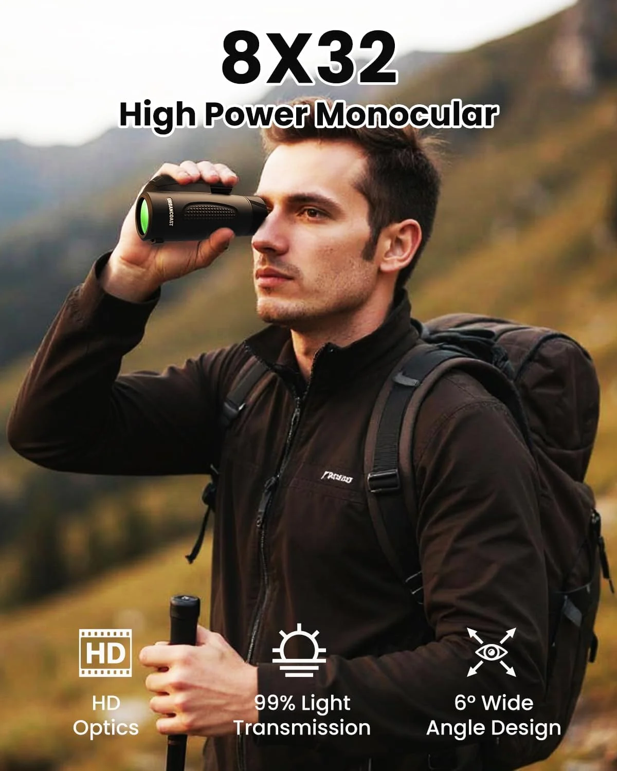 تلسکوپ تک چشمی 8X32 برای بزرگسالان، قدرت بالا، ضد آب، منشور BAK4، لنز FMC، مناسب برای تماشای پرندگان، پیاده روی، مسافرت، کمپینگ و کاوش در فضای باز