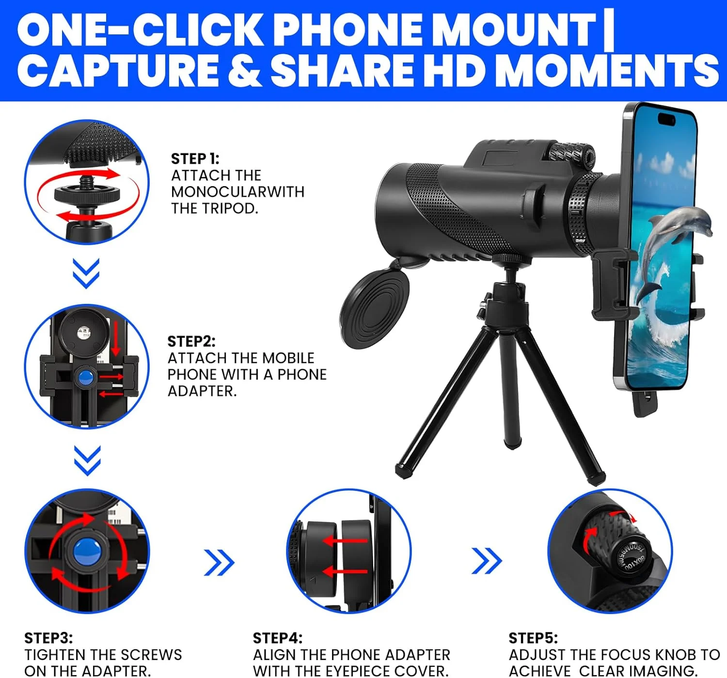 تلسکوپ تک چشمی 100x80 با آداپتور تلفن و سه پایه - منشور BAK4، اپتیک چند لایه، چشمی قابل تنظیم برای تماشای ستارگان، تماشای پرندگان، شکار (کیف و دستگیره ضد لغزش)
