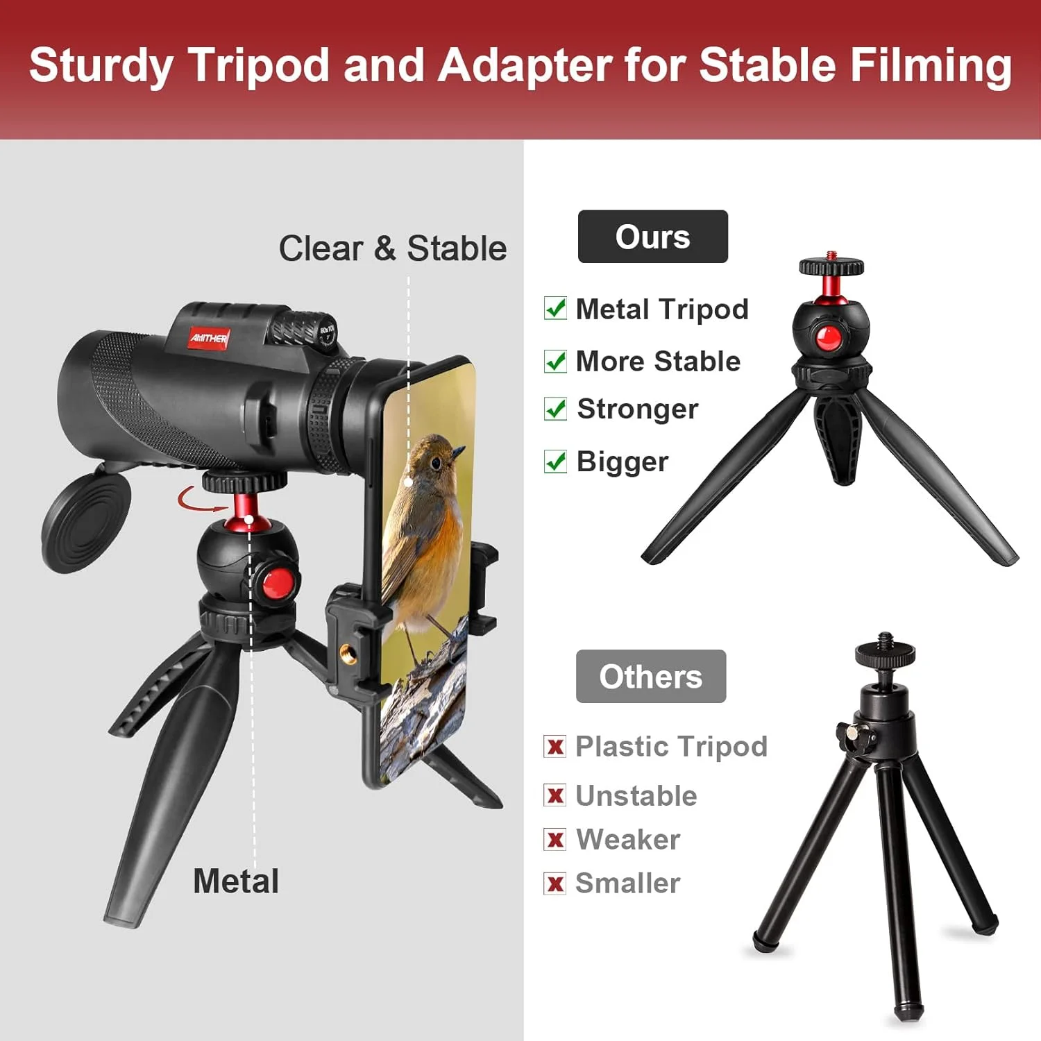 تلسکوپ تک چشمی 80x100 برای تلفن های هوشمند - تک چشمی HD با قدرت بالا به همراه سه پایه و آداپتور، دید در نور کم برای بزرگسالان - مناسب برای حیات وحش، تماشای پرندگان، شکار و پیاده روی