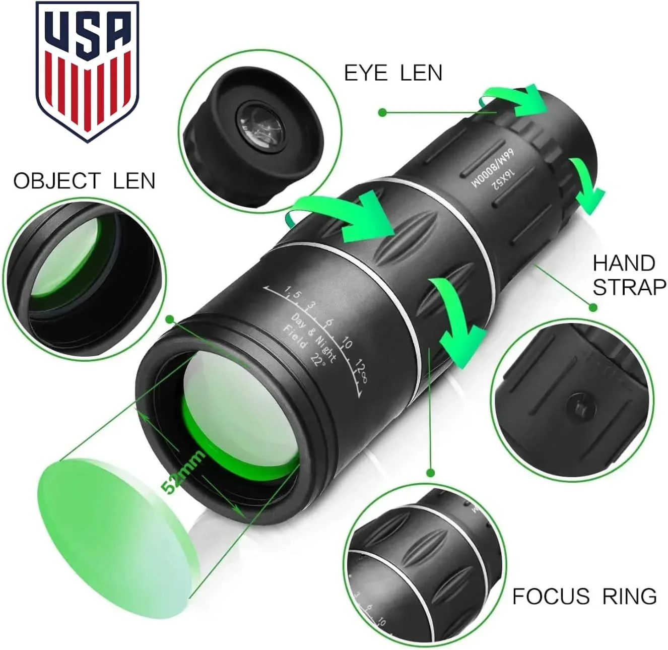 تلسکوپ تک چشمی 16x52 HD برای بزرگسالان و کودکان - تلسکوپ فشرده با قدرت بالا با منشور BAK-4 و لنز FMC - ضد آب و سبک وزن برای تماشای پرندگان، شکار، پیاده روی، مسافرت و هدیه