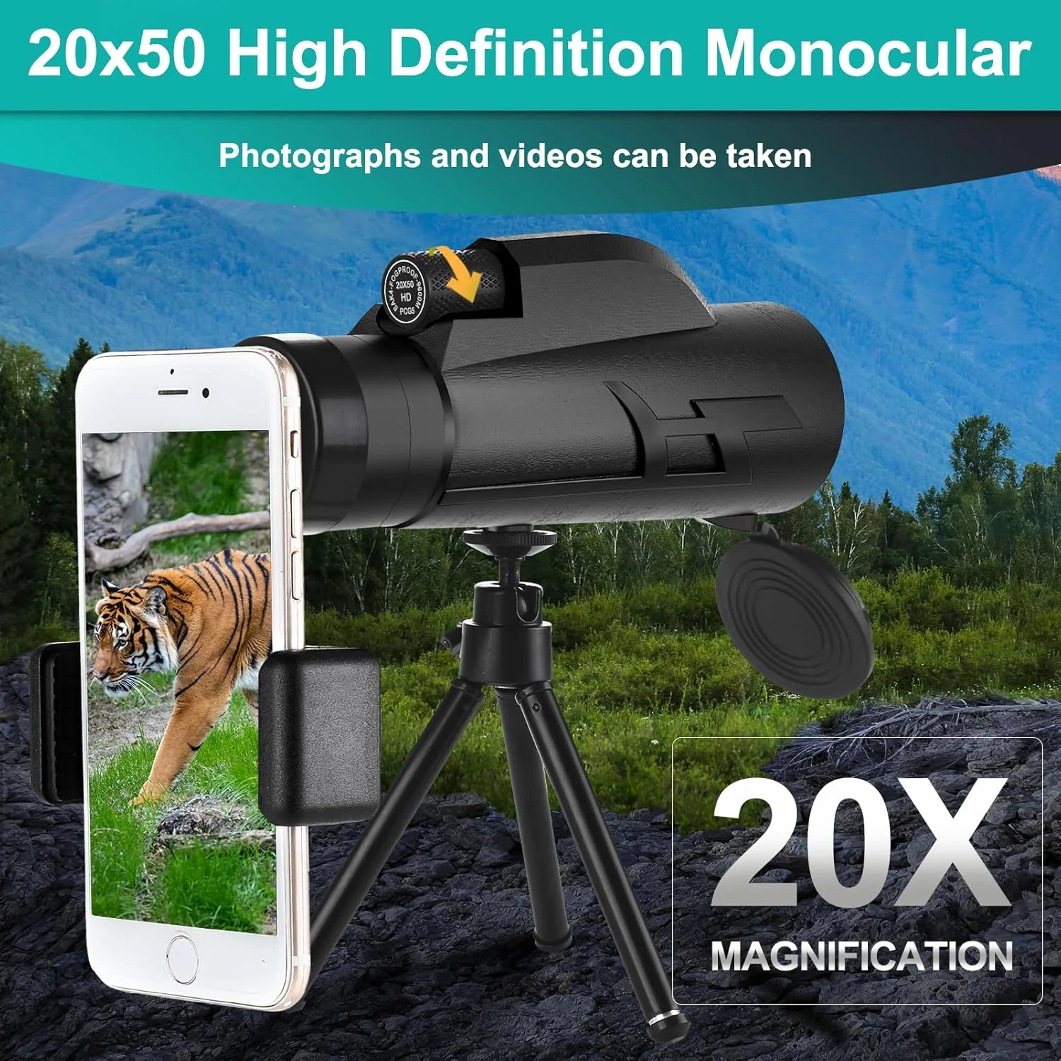 تلسکوپ تک چشمی 20x50 با قدرت بالا به همراه سه پایه تلفن هوشمند و کیف قابل حمل - ایده آل برای تماشای پرندگان، شکار، پیاده روی و کمپینگ - دید بزرگ با منشور BAK4 و لنز FMC
