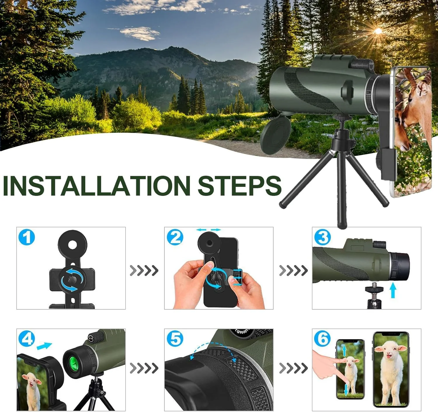 تلسکوپ تک چشمی 80x100 برای تلفن های هوشمند و بزرگسالان - بزرگنمایی HD با قدرت بالا به همراه سه پایه و آداپتور تلفن برای تماشای پرندگان، شکار، مسافرت و تماشای ستارگان - سبز