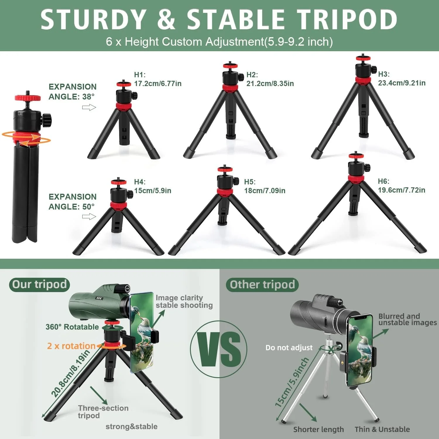 تلسکوپ تک چشمی 12x56 با قدرت بالا برای بزرگسالان | به همراه آداپتور تلفن هوشمند، سه پایه و کیف مسافرتی | مناسب برای تماشای پرندگان، شکار، پیاده روی و کمپینگ - سبز