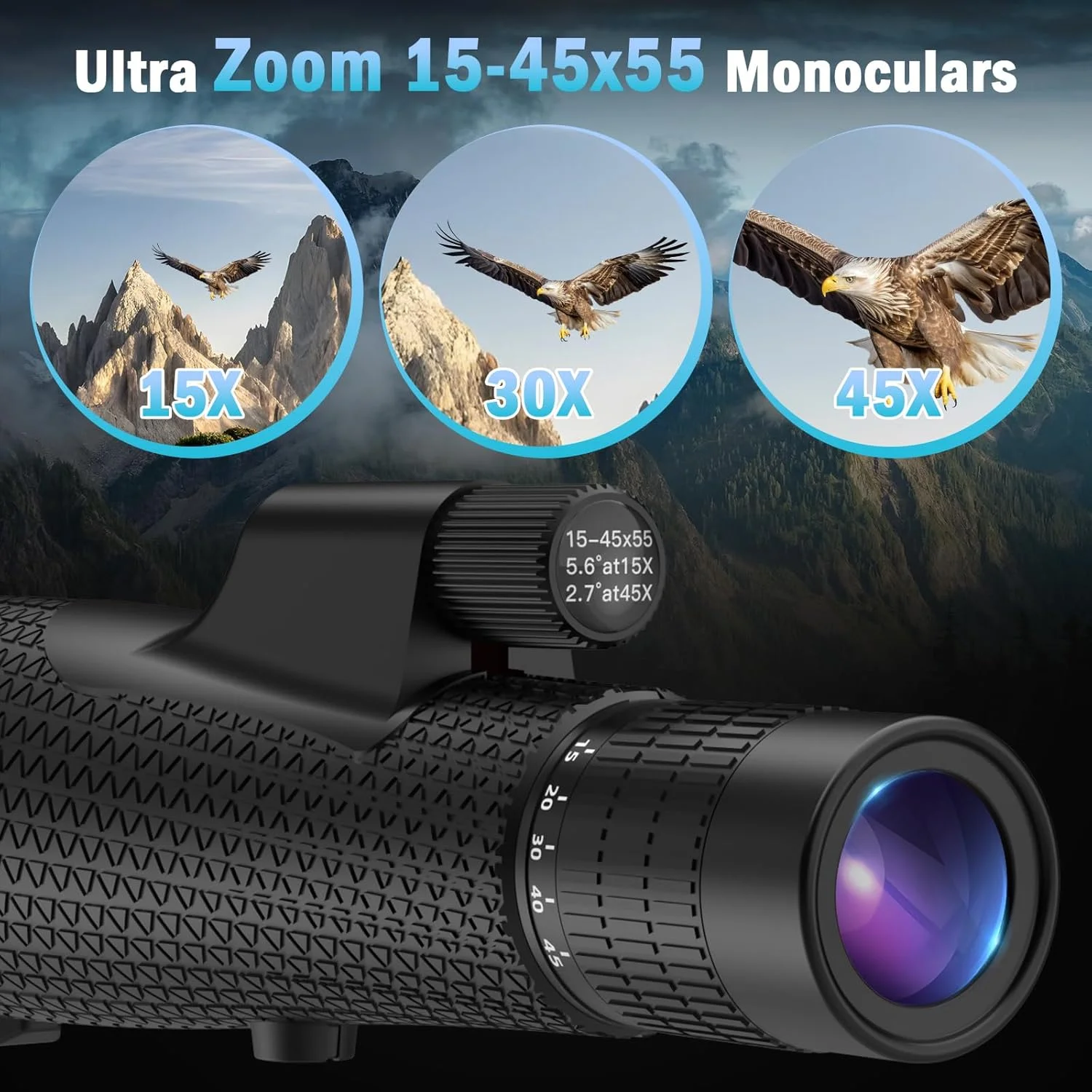 تلسکوپ تک چشمی زوم 15-45x55 - تلسکوپ تک چشمی قدرتمند برای بزرگسالان، منشور BAK4 برای تماشای پرندگان و کنسرت های مسافرتی