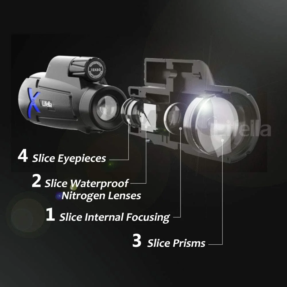 تلسکوپ تک چشمی 12x50 با قدرت بالا به همراه کیف قابل حمل - ایده آل برای تماشای پرندگان، شکار، پیاده روی، کمپینگ - دید بزرگ با منشور BAK4 و فناوری لنز FMC، مشکی