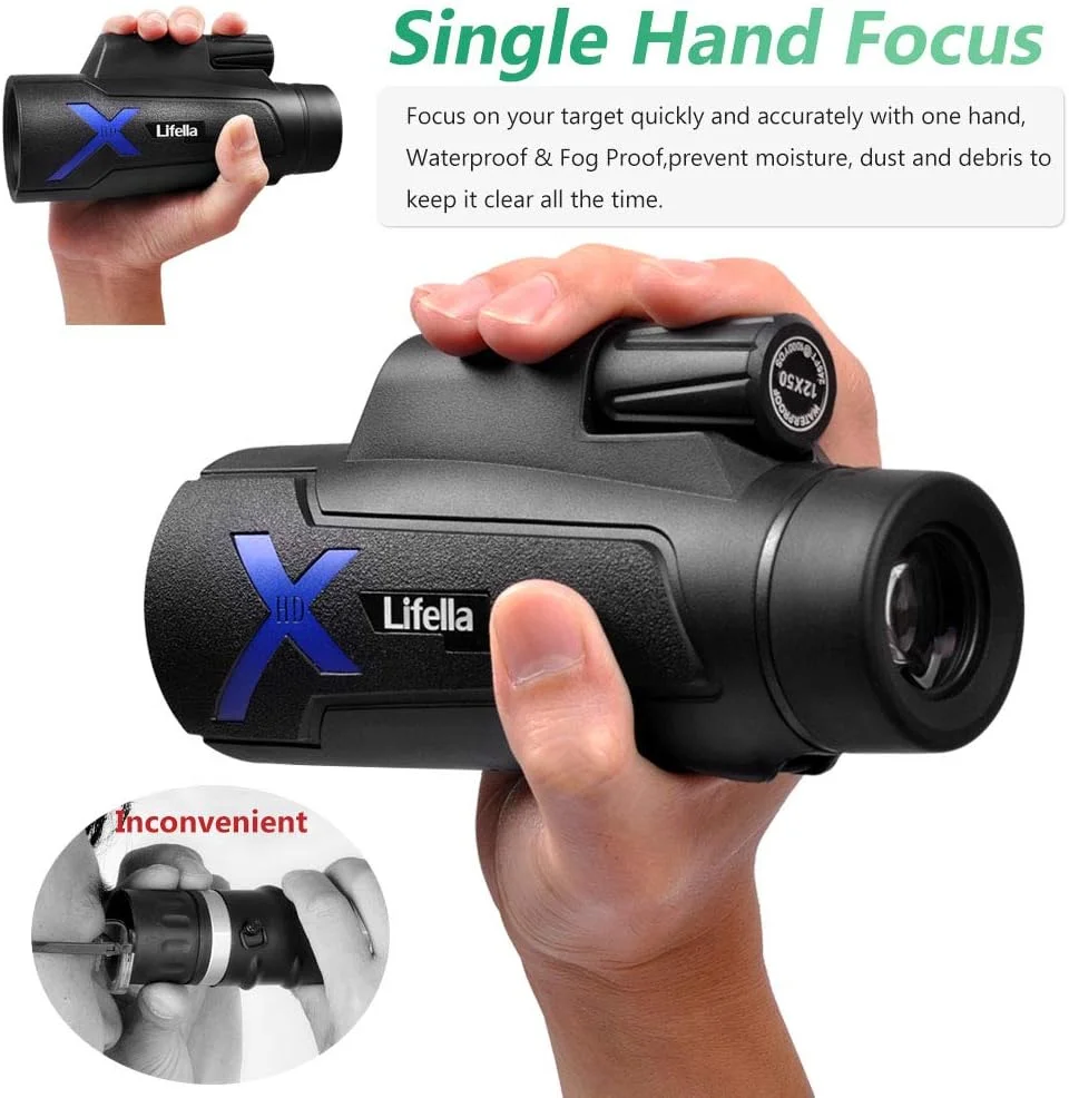 تلسکوپ تک چشمی 12x50 با قدرت بالا به همراه کیف قابل حمل - ایده آل برای تماشای پرندگان، شکار، پیاده روی، کمپینگ - دید بزرگ با منشور BAK4 و فناوری لنز FMC، مشکی