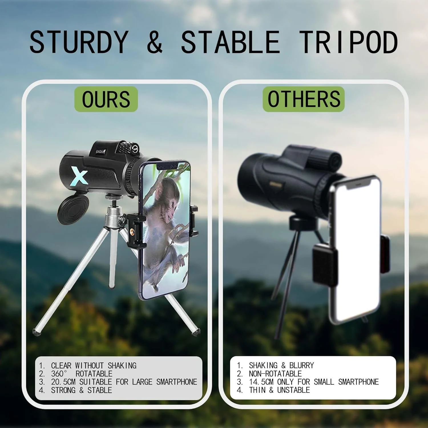 تلسکوپ مونوکولار 12X50 - تلسکوپ مونوکولار کوچک 2025 با قدرت بالا، به همراه نگهدارنده تلفن هوشمند و سه پایه، مناسب برای تماشای پرندگان، شکار، پیاده روی و کمپینگ