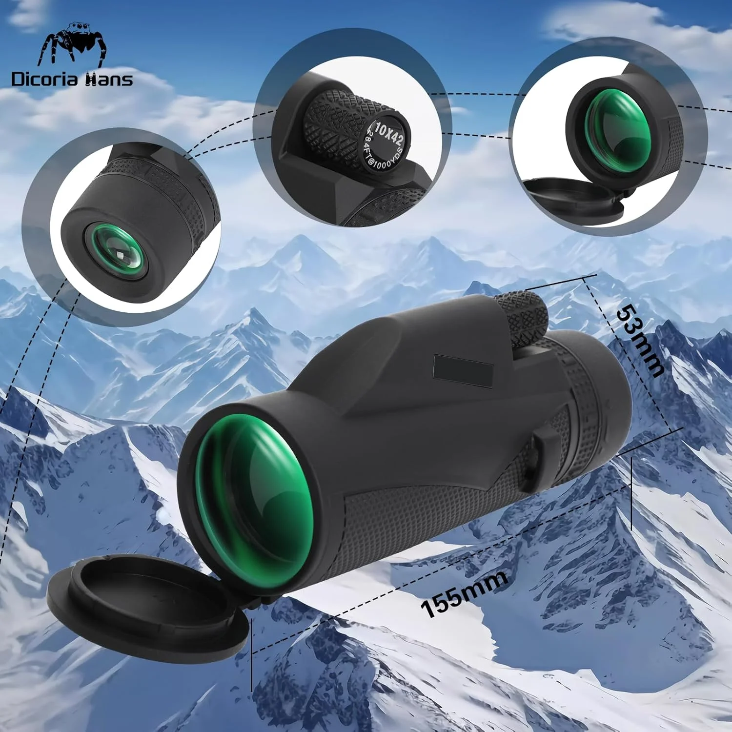 تک چشمی فشرده و قدرتمند 10x42 برای بزرگسالان - اندازه جیبی، سبک وزن و ضد آب با منشور BK7-C و لنز FMC ممتاز، میدان دید گسترده برای تماشای پرندگان، پیاده روی، کمپینگ، ورزش و کنسرت ها