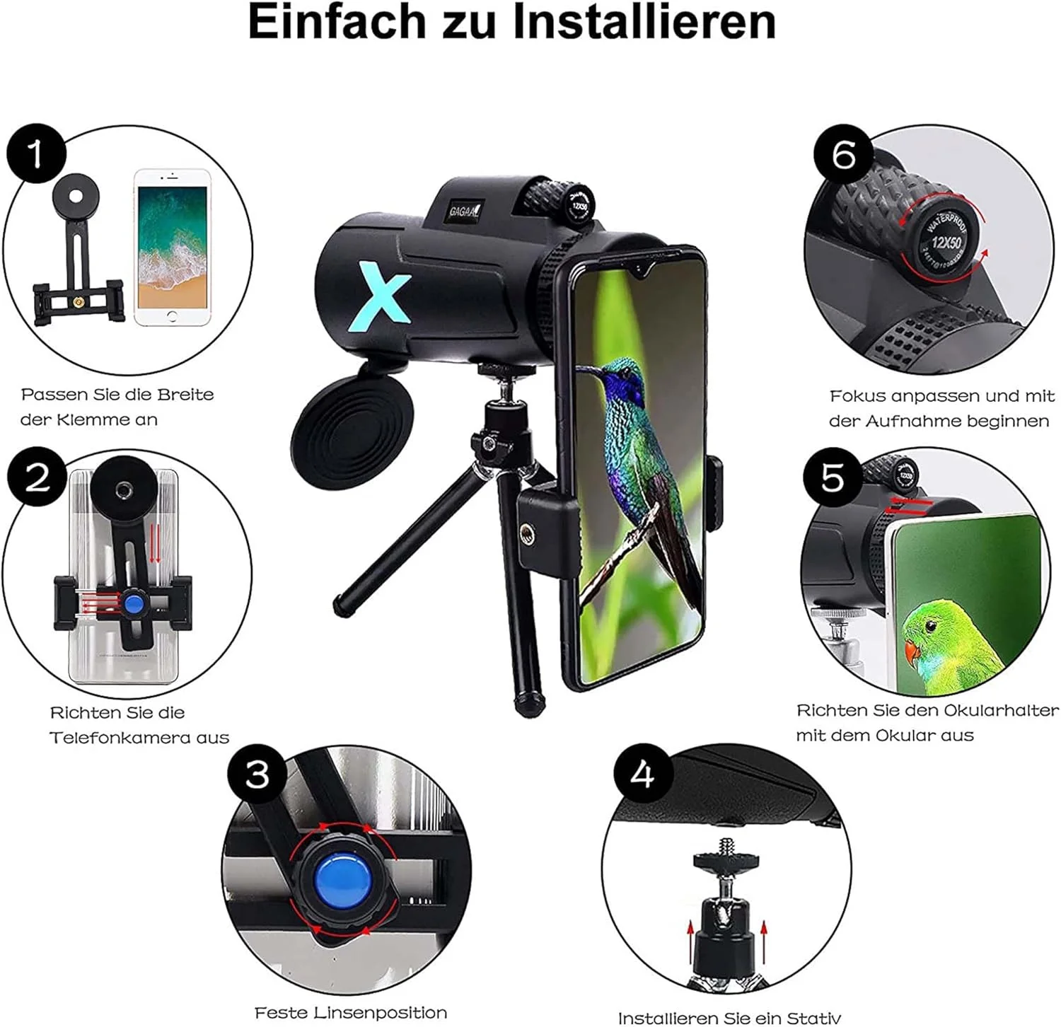 تلسکوپ مونوکولار 12X50 - تلسکوپ مونوکولار کوچک 2025 با قدرت بالا، به همراه نگهدارنده تلفن هوشمند و سه پایه، مناسب برای تماشای پرندگان، شکار، پیاده روی و کمپینگ