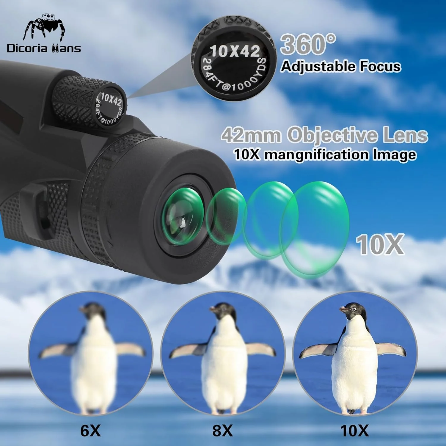 تک چشمی فشرده و قدرتمند 10x42 برای بزرگسالان - اندازه جیبی، سبک وزن و ضد آب با منشور BK7-C و لنز FMC ممتاز، میدان دید گسترده برای تماشای پرندگان، پیاده روی، کمپینگ، ورزش و کنسرت ها