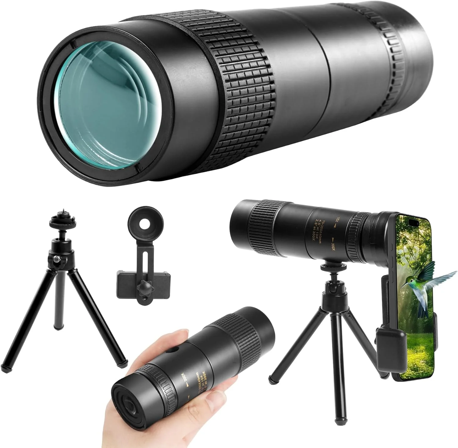 تلسکوپ نظامی 40-10x300 - تک چشمی قدرتمند و جمع و جور برای بزرگسالان، مناسب برای شکار، تماشای ستارگان، تماشای پرندگان و مسافرت (شامل آداپتور تلفن هوشمند و سه پایه)