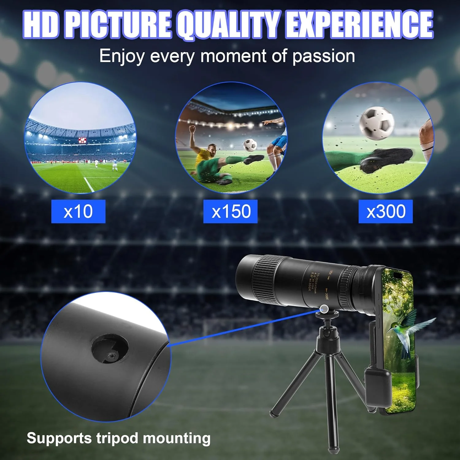 تلسکوپ نظامی 40-10x300 - تک چشمی قدرتمند و جمع و جور برای بزرگسالان، مناسب برای شکار، تماشای ستارگان، تماشای پرندگان و مسافرت (شامل آداپتور تلفن هوشمند و سه پایه)