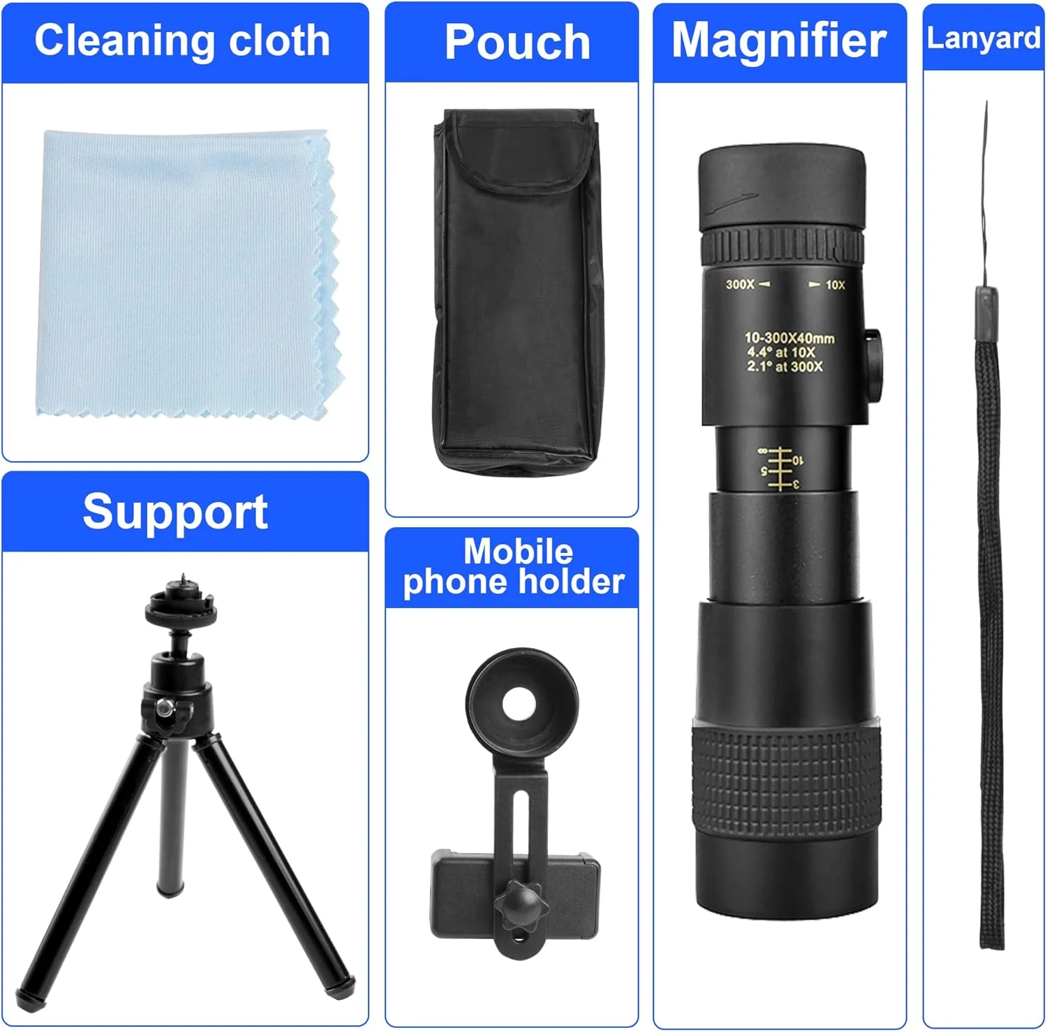 تلسکوپ نظامی 40-10x300 - تک چشمی قدرتمند و جمع و جور برای بزرگسالان، مناسب برای شکار، تماشای ستارگان، تماشای پرندگان و مسافرت (شامل آداپتور تلفن هوشمند و سه پایه)