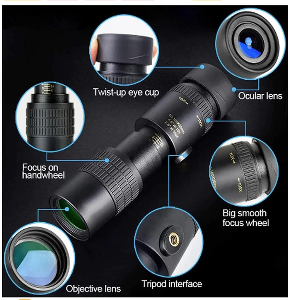 تلسکوپ تک چشمی زوم سوپر تله فوتو 4K 10-300X40mm با لنز منشوری برای سفر ساحلی، فعالیت های فضای باز و ورزش