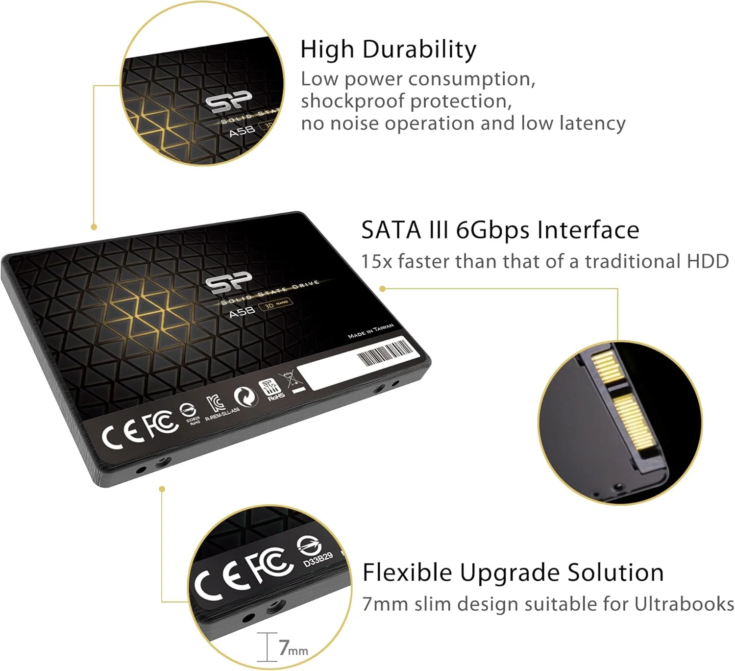 درایو حالت جامد 256 گیگابایتی سیلیکون پاور مدل A58 با فناوری 3D NAND، SATA III 2.5 اینچی 7 میلی‌متری