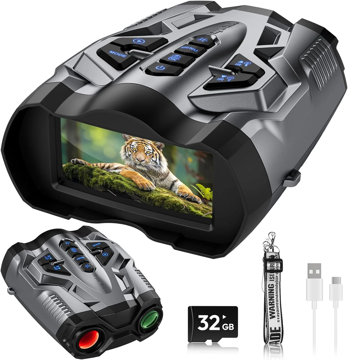 دوربین دید در شب 4K برای بزرگسالان، دوربین دوچشمی دید در شب با زوم 10X و برد مادون قرمز 1000FT، باتری قابل شارژ 4000mAh، صفحه نمایش 3.5 اینچی، شامل کارت 32 گیگابایتی، هدیه ای برای آقایان و علاقه مندان به فضای باز