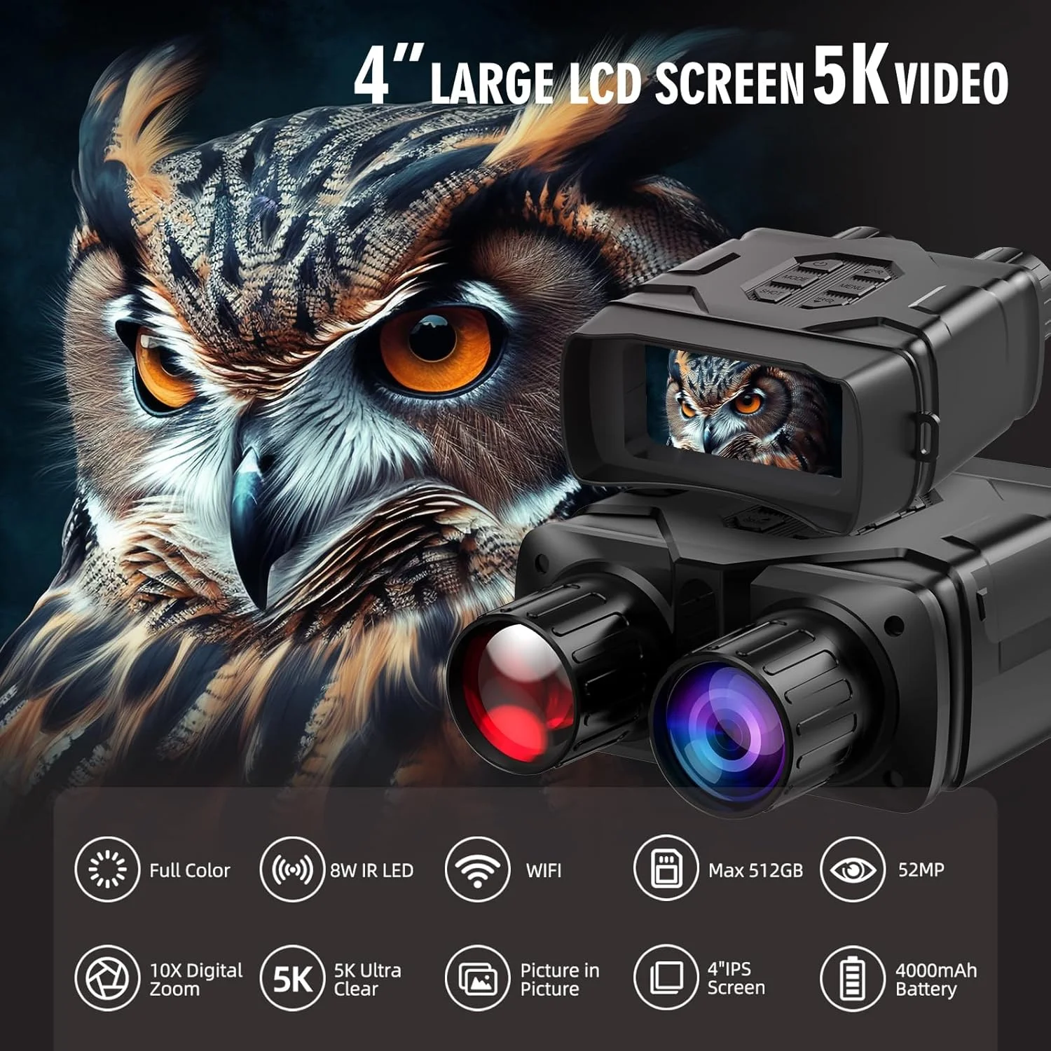 دوربین دید در شب دوچشمی مادون قرمز 5K با صفحه نمایش بزرگ 4 اینچی، دوربین دید در شب دیجیتال با زوم 10 برابر و وای فای، حافظه 32 گیگابایتی برای ذخیره عکس و فیلم