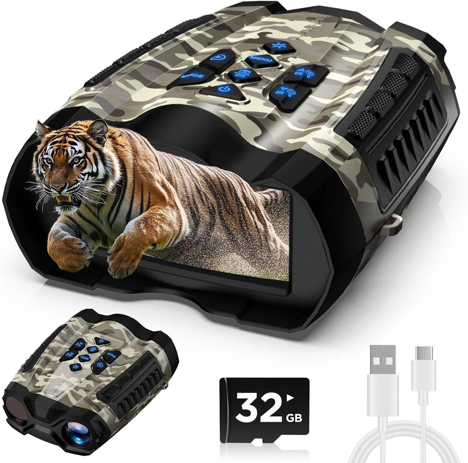 دوربین دید در شب، دوربین دوچشمی 4K با دوربین، صفحه نمایش 3.5 اینچی HD و کارت TF 32 گیگابایتی، 9 حالت دید در شب، زوم دیجیتال 10X، باتری 4000 میلی آمپر ساعتی