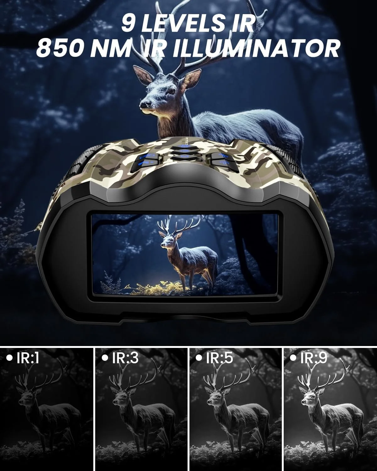 دوربین دید در شب، دوربین دوچشمی 4K با دوربین، صفحه نمایش 3.5 اینچی HD و کارت TF 32 گیگابایتی، 9 حالت دید در شب، زوم دیجیتال 10X، باتری 4000 میلی آمپر ساعتی