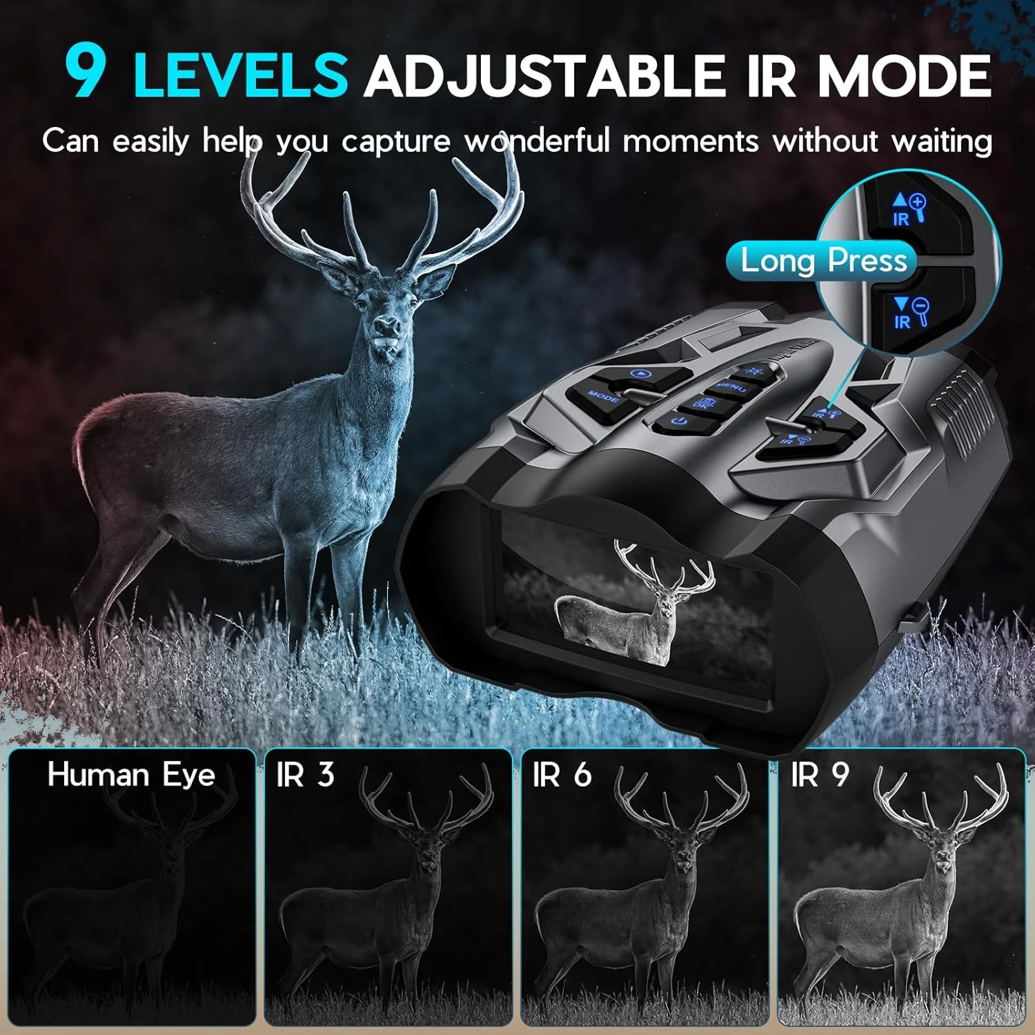 دوربین دید در شب 4K برای بزرگسالان، دوربین دوچشمی دید در شب با زوم 10X و برد مادون قرمز 1000FT، باتری قابل شارژ 4000mAh، صفحه نمایش 3.5 اینچی، شامل کارت 32 گیگابایتی، هدیه ای برای آقایان و علاقه مندان به فضای باز