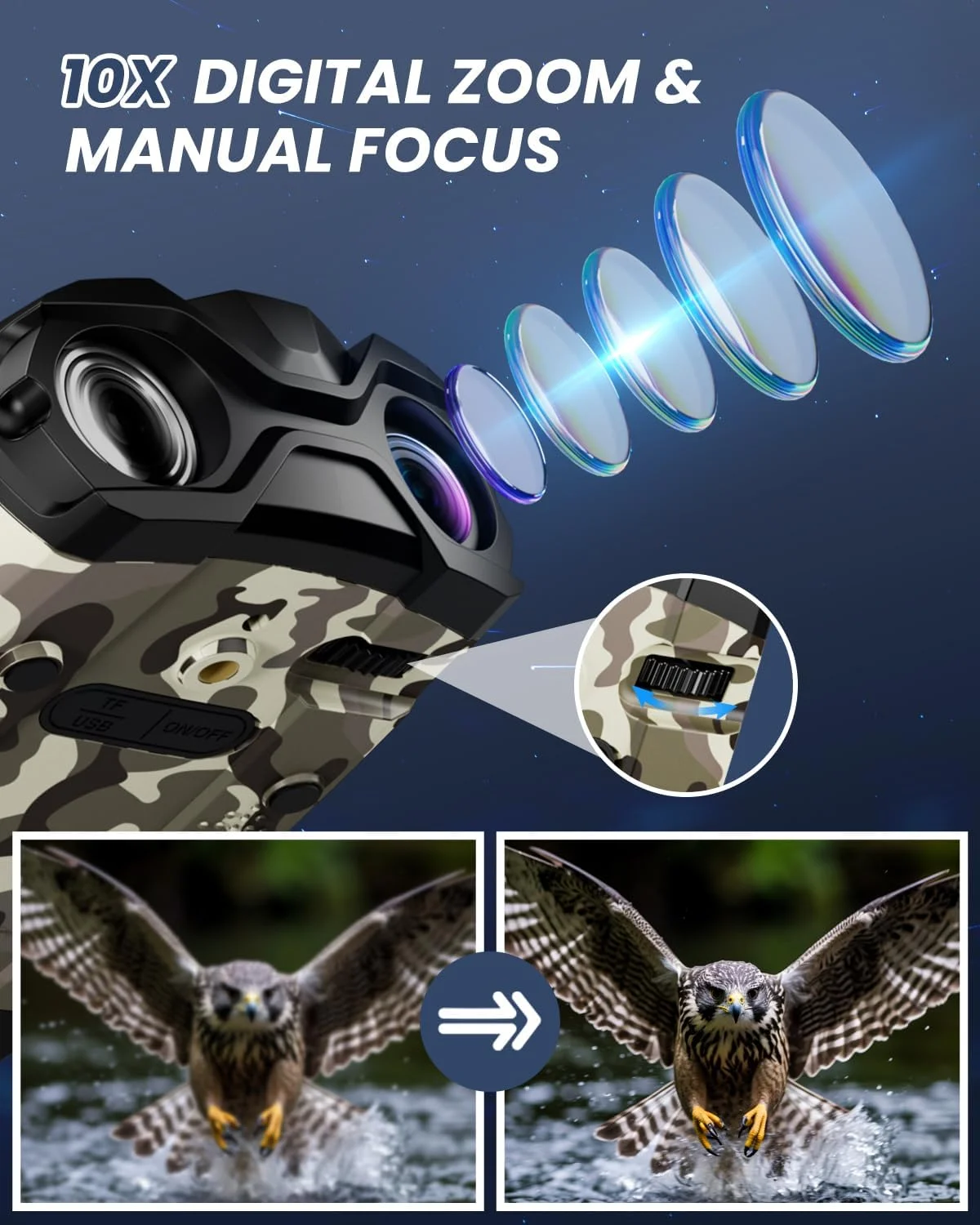 دوربین دید در شب، دوربین دوچشمی 4K با دوربین، صفحه نمایش 3.5 اینچی HD و کارت TF 32 گیگابایتی، 9 حالت دید در شب، زوم دیجیتال 10X، باتری 4000 میلی آمپر ساعتی