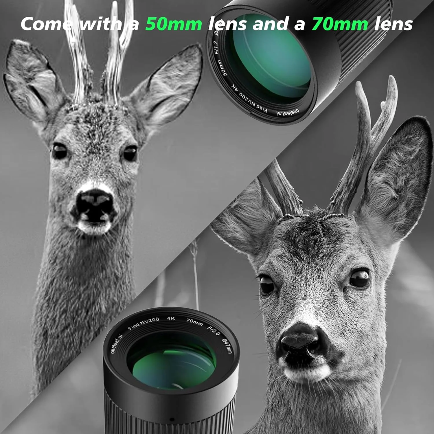 دوربین دوچشمی دید در روز/شب Oneleaf.ai Find NV200 4K 50mm و 70mm با مسافت‌یاب