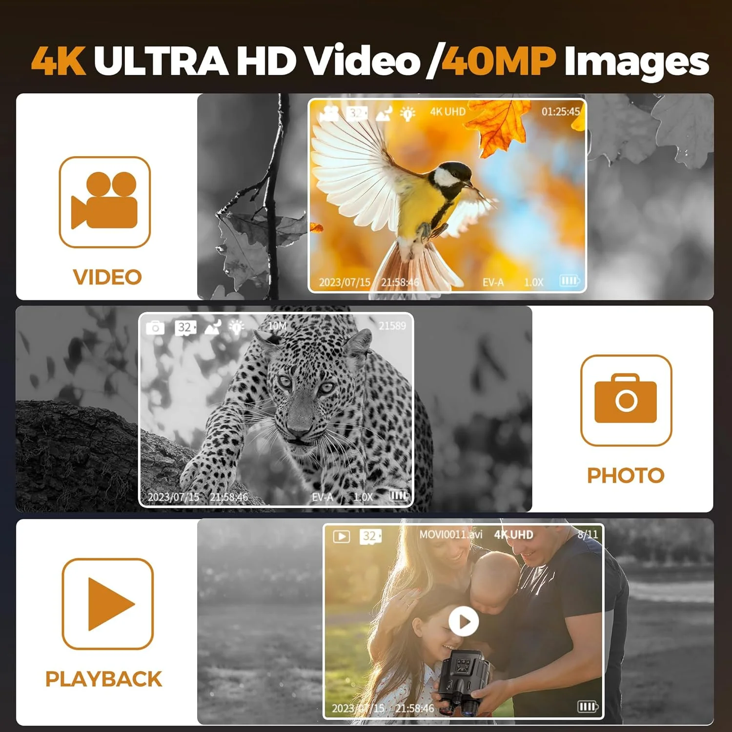 دوربین دوچشمی دید در شب 4K، عینک دید در شب مادون قرمز برای بزرگسالان، دوربین دوچشمی صفحه نمایش 3 اینچی HD با زوم دیجیتال 8X، قابل شارژ 5000mAh، کارت 32 گیگابایتی برای ذخیره عکس ها و فیلم ها