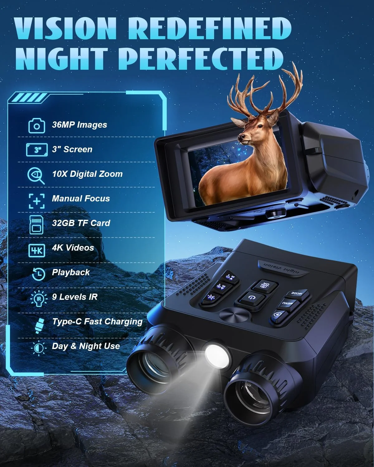 دوربین دید در شب - دوربین دوچشمی دید در شب 4K برای بزرگسالان، صفحه نمایش 3.0 اینچی HD، دوربین تک چشمی مادون قرمز 9 دنده ای برای کمپینگ به همراه کارت TF 32 گیگابایتی