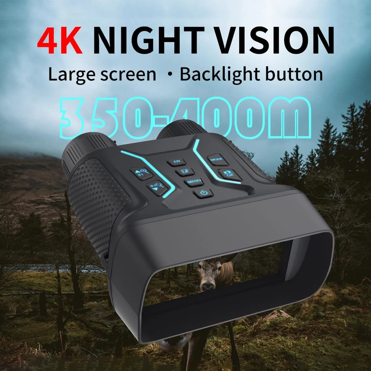 دوربین دید در شب و دوربین دوچشمی دید در شب با دستگیره، ویدئو 4K UHD، تصویر 36 مگاپیکسل، صفحه نمایش 4.5 اینچی HD، زوم دیجیتال 8X، برد 400 متر - ایده آل برای شکار، کمپینگ و مشاهده حیات وحش